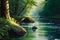 A serene scene unfolds as a sleek sports kayak peacefully glides along a winding river nestled