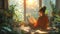 A serene scene of a woman enjoying a book surrounded by lush houseplants, bathed in warm, golden sunlight. The comforts of home