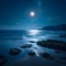 Serene sea, bright full moon night, captivating coastal landscape view