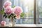 Serene setting Pink peony flower by a window with sunlight