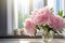 Serene setting Pink peony flower by a window with sunlight