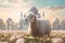 Serene sheep amidst an enchanting Islamic backdrop