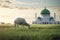 Serene sheep finds solace near a Masjid\\\'s green-domed silhouette
