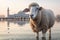 Serene sheep harmonizes with a captivating Islamic backdrop