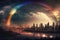 a serene sky with a rainbow and cityscape in the background