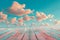 Serene Skyline with Fluffy Cumulus Clouds Over Vibrant Pink and Blue Painted Wooden Planks