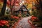 A serene small house harmoniously embraced by the vibrant flora surrounding it, A pathway lined with fall colored trees leading to