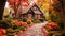 A serene small house harmoniously embraced by the vibrant flora surrounding it, A pathway lined with fall colored trees leading to