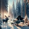 In a serene snowy forest at dusk, a grand piano sits elegantly beside a majestic moose, creating a surreal winter symphony scene