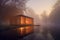 Serene Solitude: A Modern Wooden Cabin on a Foggy Lake in Autumn, ai generative