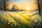 A serene Spring Bank Holiday sunrise over an ethereal meadow, delicate flowers in bloom, bathed in soft golden light