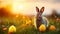 Serene Spring Meadow. Cute Rabbit amid Dew Drops, Colorful Easter Eggs, and Clear Blue Sky