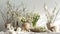 Serene spring still life with blossoming branches and ceramic vases. elegant home decor display. white theme. AI