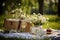 A serene springtime picnic scene featuring an Easter basket amidst blooming flowers and fluttering butterflies