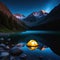 serene stillness of a starry camping tent nestled near a tranquil The warm and inviting glow of a flashlight illuminates