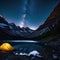 serene stillness of a starry camping tent nestled near a tranquil The warm and inviting glow of a flashlight illuminates