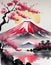 In the serene style of Japanese sumi-e, a portrayal of the first red sunrise gracing the silhouette of Mount Fuji