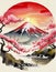 In the serene style of Japanese sumi-e, a portrayal of the first red sunrise gracing the silhouette of Mount Fuji