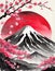 In the serene style of Japanese sumi-e, a portrayal of the first red sunrise gracing the silhouette of Mount Fuji