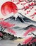 In the serene style of Japanese sumi-e, a portrayal of the first red sunrise gracing the silhouette of Mount Fuji