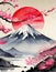 In the serene style of Japanese sumi-e, a portrayal of the first red sunrise gracing the silhouette of Mount Fuji