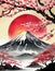 In the serene style of Japanese sumi-e, a portrayal of the first red sunrise gracing the silhouette of Mount Fuji