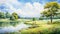 Serene Summer Day: Anime-influenced Watercolor Landscape Wallpaper