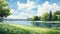 Serene Summer Day: Anime-inspired Watercolor Painting Of Park, Lake, Field, And River