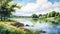 Serene Summer Day: Karst Painting Of Park, Lake, Field, And River