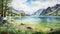 Serene Summer Day: Watercolor Painting Of A Lake By A Mountain