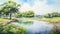 Serene Summer Day: Watercolor Painting Of Park, Lake, Field, And River