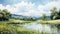 Serene Summer Meadow Painting With Park, Lake, Field, And River