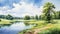 Serene Summer Meadow Painting With Park, Lake, Field, And River