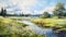 Serene Summer Meadow Painting With Park, Lake, Field, And River