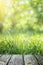 Serene Summer Morning With Sunlight Filtering Through Trees Onto a Wooden Deck and Fresh Green Grass