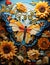 A serene sunflower field with a vibrant butterfly, intricate patterns and vibrant colors of wings, painting, Van Gogh's style