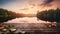 A serene sunrise at a lake, with a wooden pier adorned by water lilies reflecting the pink-orange sky