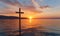 A serene sunrise over a tranquil sea with a weathered cross, symbolizing hope and renewal, spirituality, coastal dawn