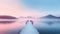 Serene Sunrise Pier Near Mountains: Dreamlike Introspection In Light Magenta And Blue