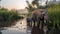 Serene Sunrise at the Riverbank with African Elephants
