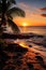 Serene Sunset Beach: Palm Trees, Golden Sands, and Calm Waves