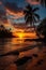 Serene Sunset Beach: Palm Trees, Golden Sands, and Calm Waves