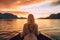 A serene sunset, a blonde woman, peacefully adrift on a calm lake