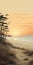 Serene Sunset: Detailed Shading And Realistic Perspective Of Pine Trees, Shore, And Birds