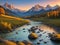 serene sunset over majestic mountains, tranquil river landscape