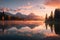 Serene sunset over mountains and reflective lake., generative IA