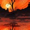 Serene sunset scene with silhouettes and gothic illustration elements (tiled