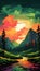 Serene Sunset Symphony Vector Landscape of Majestic Mountains and Wild Forest Bathed in the Ephemera