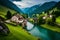 A serene Swiss landscape featuring a mean.dering river, ancient stone bridges, and quaint houses nestled among rolling hills