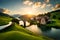 A serene Swiss landscape featuring a meandering river, ancient stone bridges, and quaint houses nestled among rolling hills